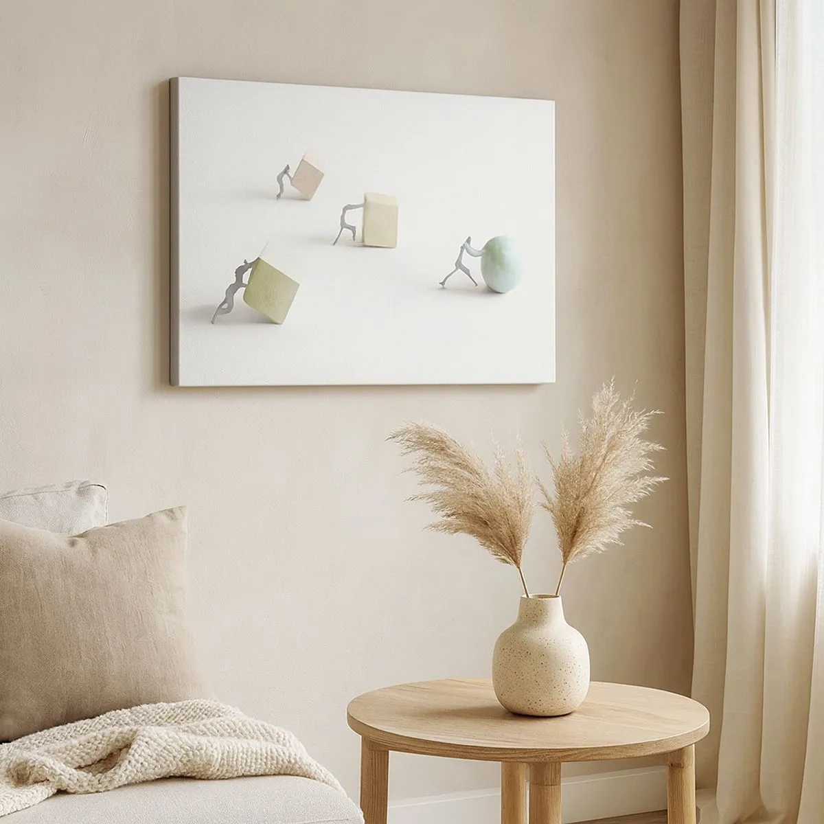 Bild auf Leinwand - Leinwandbild - Miniaturfiguren, die Formen vor einem hellen Hintergrund schieben - 70x50cm - Pures Leben - Moderne Wanddekoration für Wohnzimmer und Schlafzimmer ARTTOR