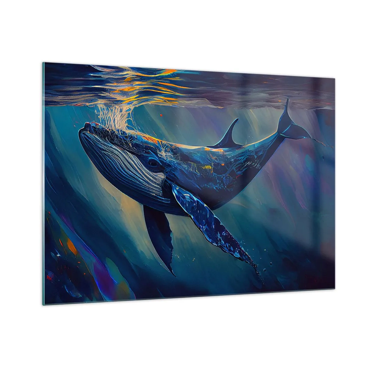 Glasbild - Bild auf glas - Ein Wal, der im Sonnenlicht unter Wasser schwimmt - 100x70cm - Willkommen in meiner Welt - Moderne Wanddekoration für Wohnzimmer und Schlafzimmer ARTTOR