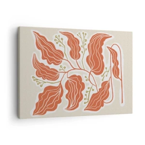 Bild auf Leinwand - Leinwandbild - Ein minimalistisches Blattmotiv in Orange- und Grüntönen. - 70x50cm - Im Folkstil und korallenartig - Moderne Wanddekoration für Wohnzimmer und Schlafzimmer ARTTOR