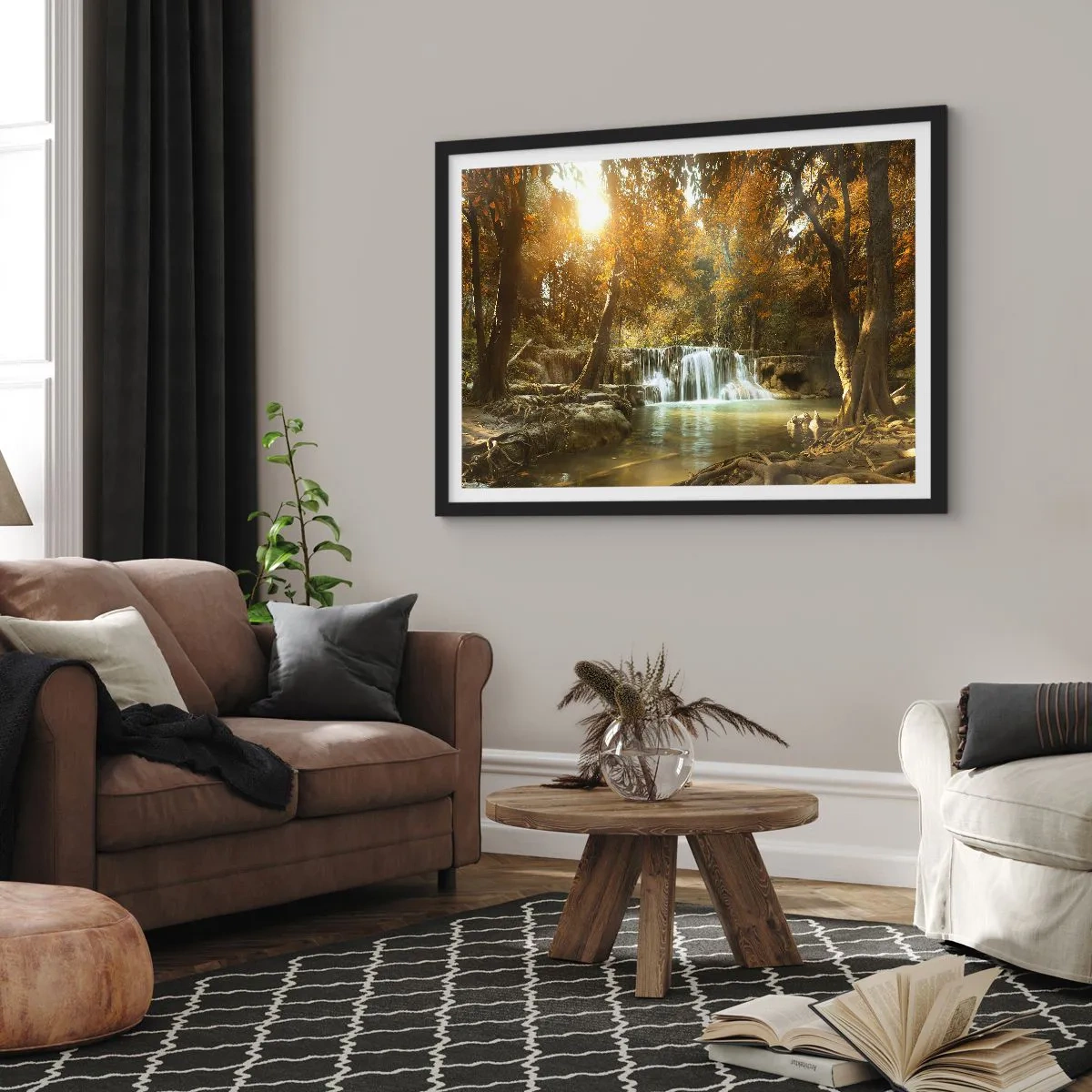 Poster in einem schwarzem Rahmen - Herbstlandschaft mit Wasserfall - 100x70cm - Parkkaskade - Moderne Wanddekoration für Wohnzimmer und Schlafzimmer ARTTOR