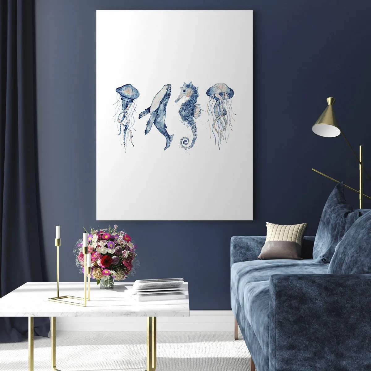 Glasbild - Bild auf glas - Quallen, Wale und Seepferdchen im Aquarellstil - 70x100cm - Meereswunder - Moderne Wanddekoration für Wohnzimmer und Schlafzimmer ARTTOR