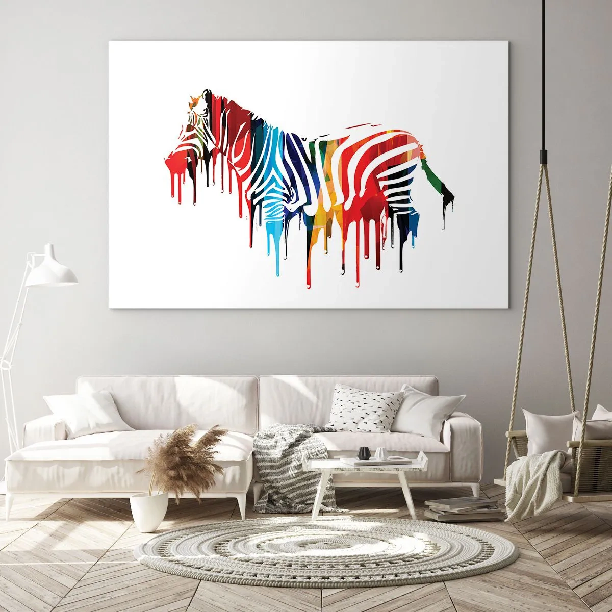 Glasbild - Bild auf glas - Ein buntes Zebra in abstrakter Form mit tropfendem Farbeffekt. - 70x50cm - Nicht nur schwarz-weiß - Moderne Wanddekoration für Wohnzimmer und Schlafzimmer ARTTOR
