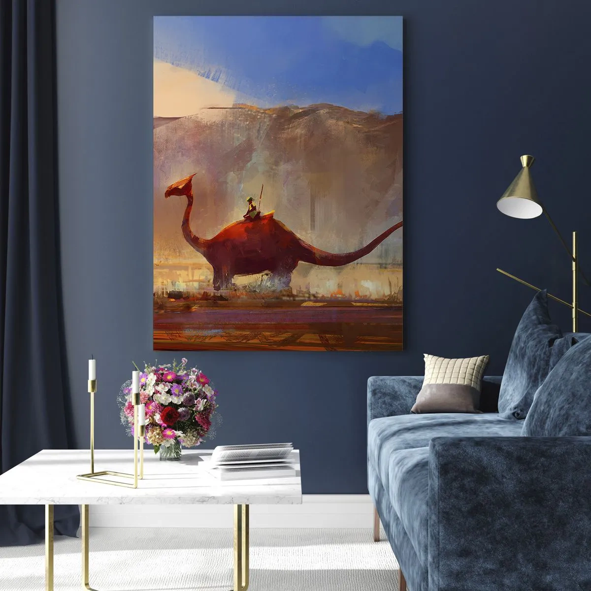 Glasbild - Bild auf glas - Eine Fantasy-Szene mit einem Reiter auf einem prähistorischen Wesen - 80x120cm - Wenn sie nicht ausgestorben wären - Moderne Wanddekoration für Wohnzimmer und Schlafzimmer ARTTOR