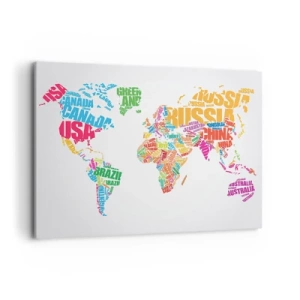 Bild auf Leinwand - Leinwandbild - Bunte Weltkarte mit Ländernamen - 100x70cm - Ich möchte sie alle treffen - Moderne Wanddekoration für Wohnzimmer und Schlafzimmer ARTTOR