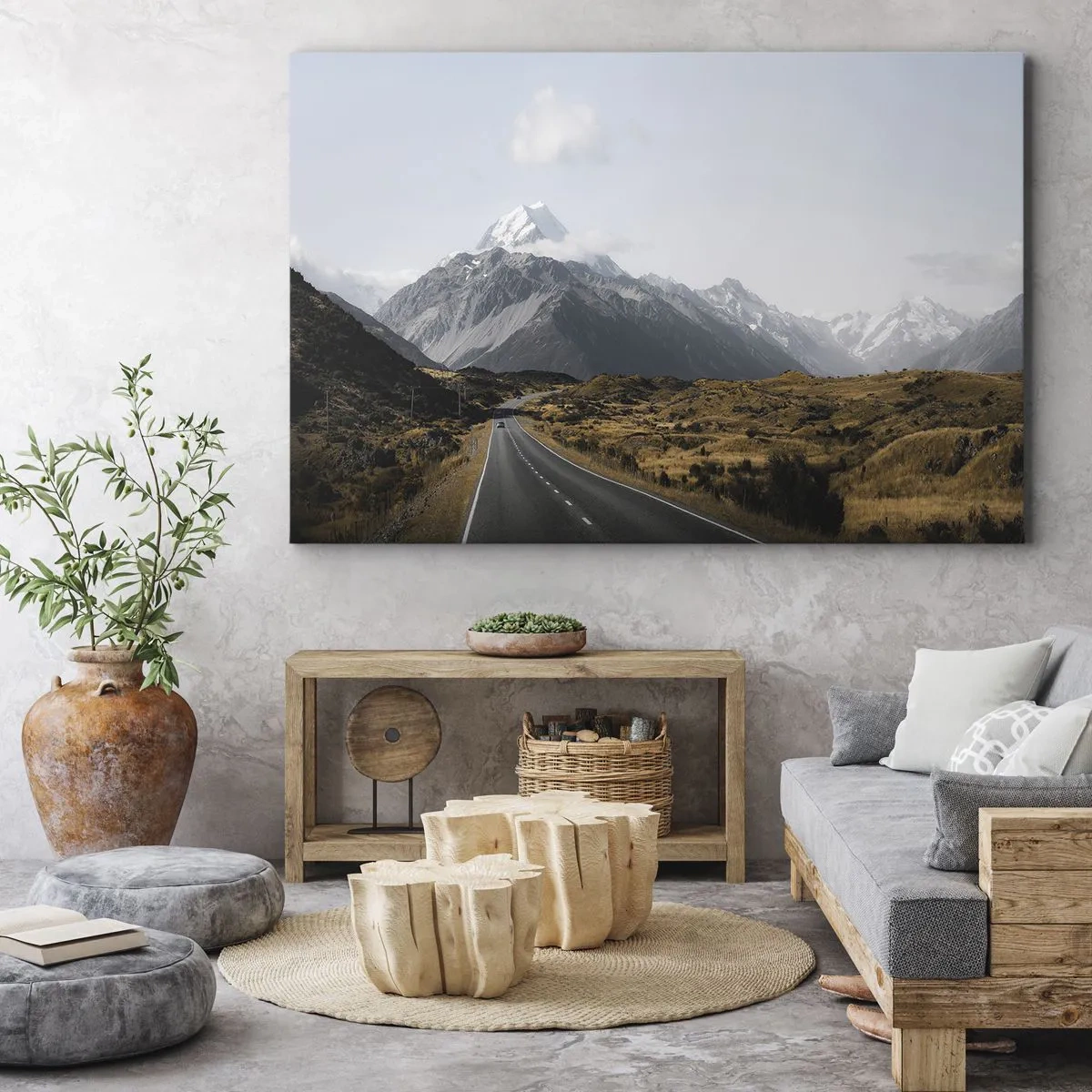 Bild auf Leinwand - Leinwandbild - Eine Straße in den Bergen, umgeben von einer malerischen Landschaft - 70x50cm - Der Weg ins Herz der Berge - Moderne Wanddekoration für Wohnzimmer und Schlafzimmer ARTTOR