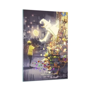 Glasbild - Bild auf glas - Ein Kind in einem hellen T-Shirt an einem hellen Stand voller bunter Süßigkeiten - 50x70cm - Magie ist da - Moderne Wanddekoration für Wohnzimmer und Schlafzimmer ARTTOR