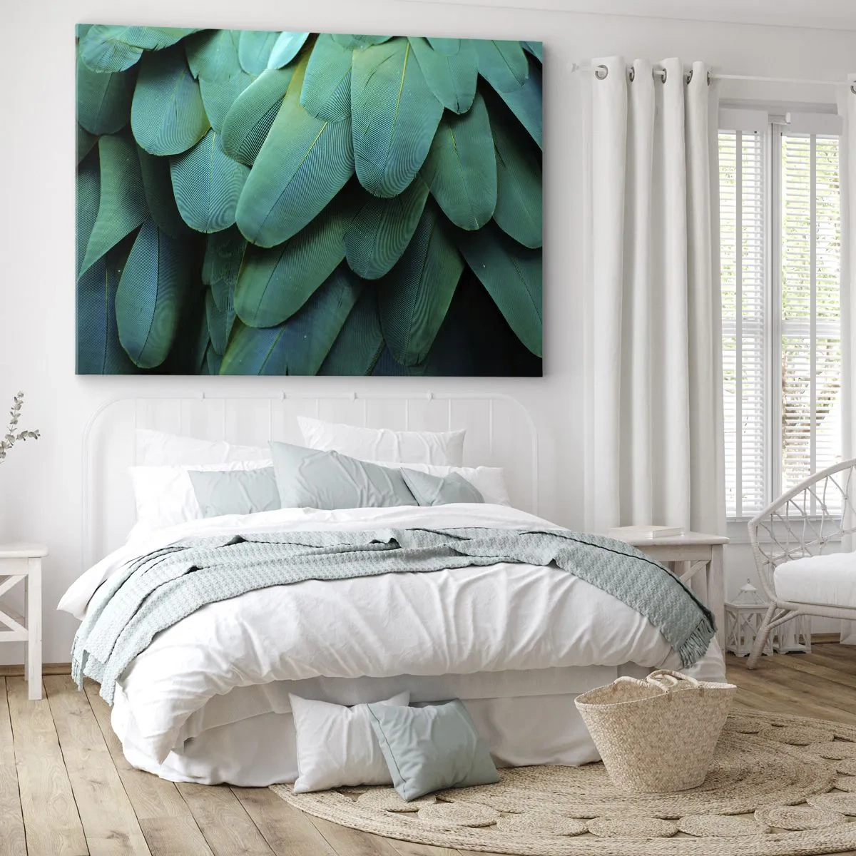 Bild auf Leinwand - Leinwandbild - Federdetails in Grüntönen - 120x80cm - Papageienartige Präzision - Moderne Wanddekoration für Wohnzimmer und Schlafzimmer ARTTOR
