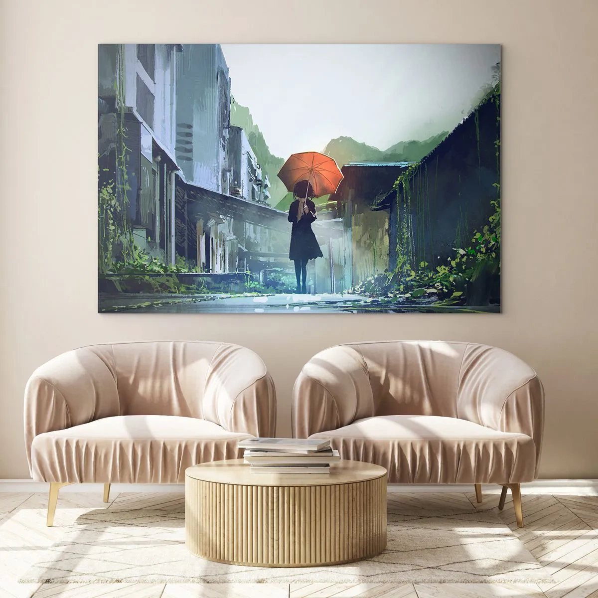 Glasbild - Bild auf glas - Eine Figur mit einem orangefarbenen Regenschirm auf einer verregneten Straße - 120x80cm - Belebender Regen - Moderne Wanddekoration für Wohnzimmer und Schlafzimmer ARTTOR