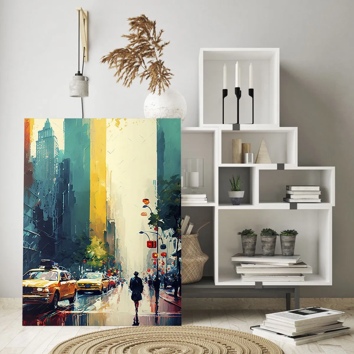 Glasbild - Bild auf glas - Eine geschäftige Stadt mit Taxis und Passanten - 80x120cm - New York – selbst der Regen ist hier bunt - Moderne Wanddekoration für Wohnzimmer und Schlafzimmer ARTTOR