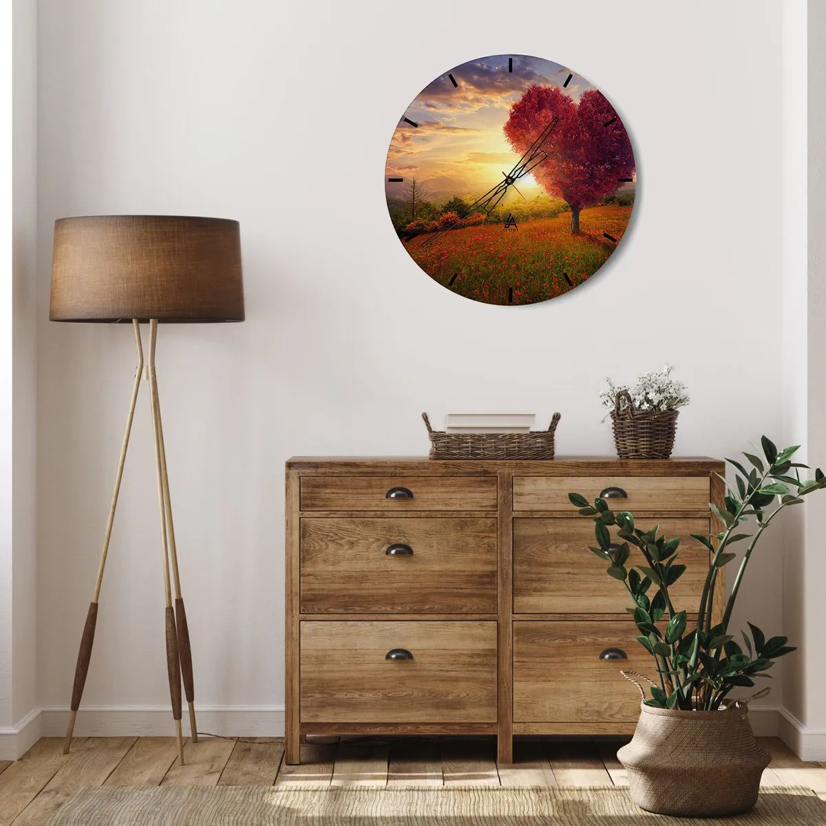 Wanduhr - Glasuhr - Landschaft mit einem roten herzförmigen Baum bei Sonnenuntergang - 30x30cm - Berührt das Herz - Moderne Wanddekoration für Wohnzimmer, Küche und Schlafzimmer ARTTOR