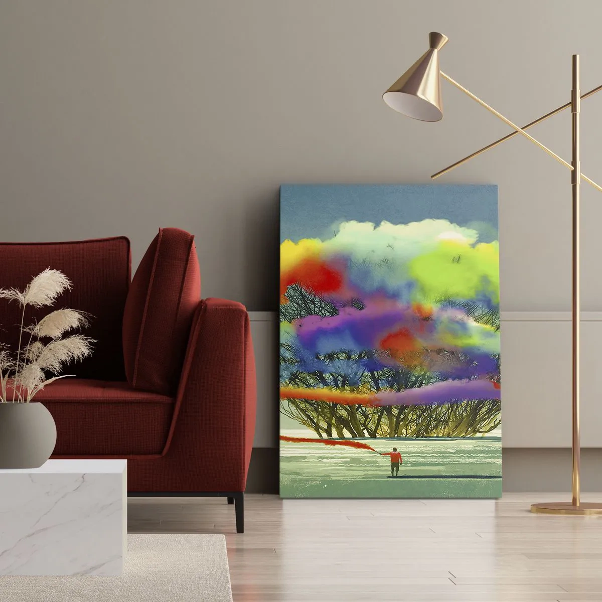 Bild auf Leinwand - Leinwandbild - Eine Figur mit farbigem Rauch im Hintergrund eines Baumes in der Wildnis - 70x100cm - Erwecke diese Welt zum Leben - Moderne Wanddekoration für Wohnzimmer und Schlafzimmer ARTTOR