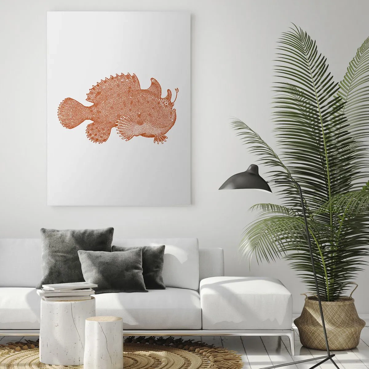Glasbild - Bild auf glas - Eine rostige Zeichnung eines Tiefseefisches, erstellt mit der Punkttechnik - 50x70cm - Es ist also doch ein Fisch - Moderne Wanddekoration für Wohnzimmer und Schlafzimmer ARTTOR