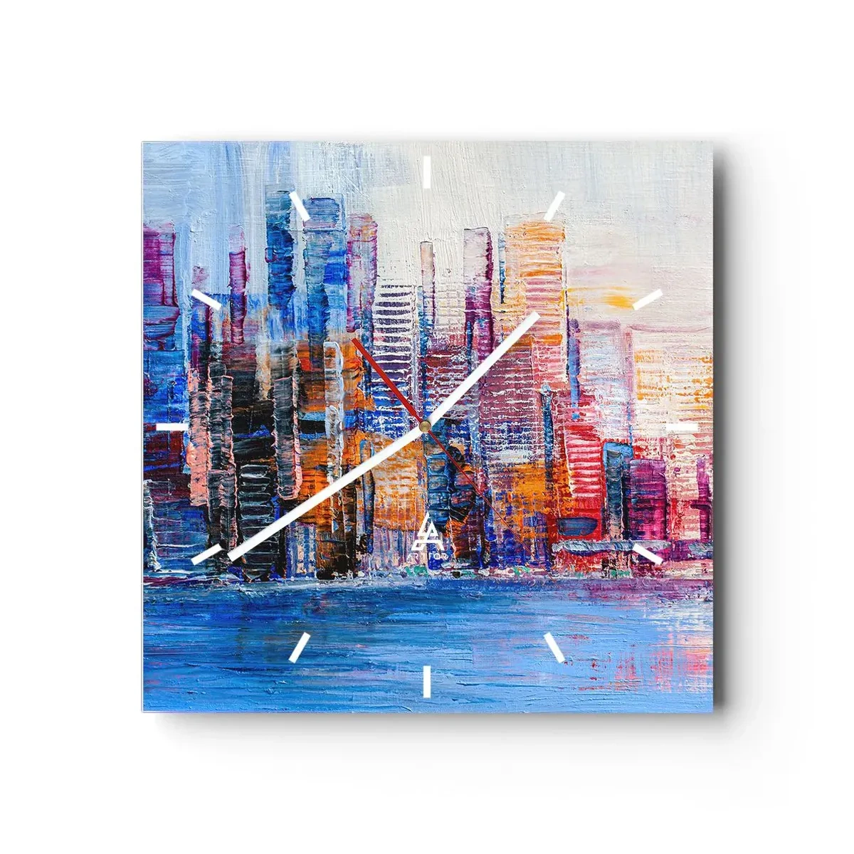 Wanduhr - Glasuhr - Ein farbenfrohes Panorama der Stadt mit Spiegelungen auf dem Wasser - 30x30cm - Fröhliche Metropole - Moderne Wanddekoration für Wohnzimmer und Schlafzimmer ARTTOR