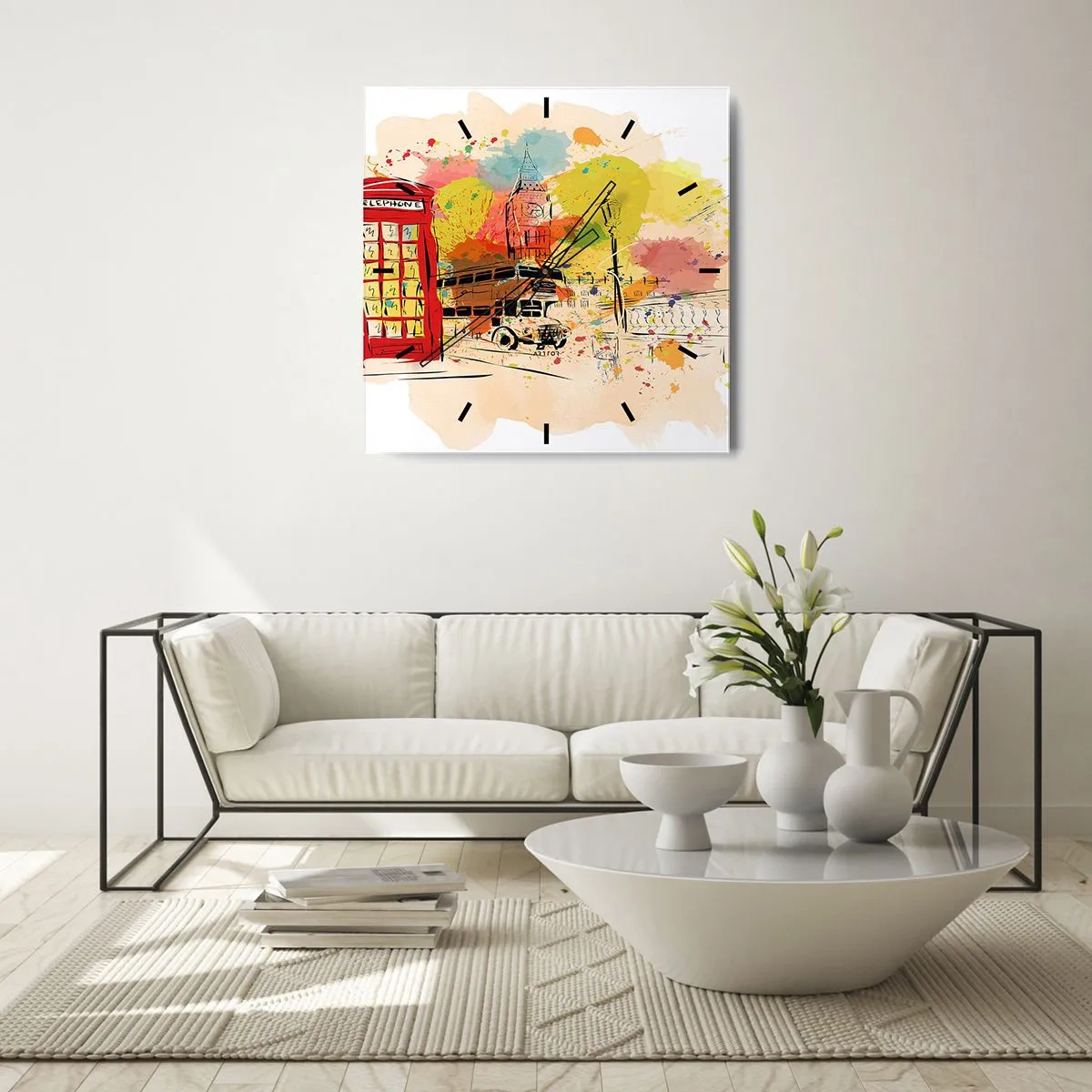 Wanduhr - Glasuhr - London-Thema mit rotem Bus und Stand - 30x30cm - Die Stadt der Vielfalt - Moderne Wanddekoration für Wohnzimmer und Schlafzimmer ARTTOR