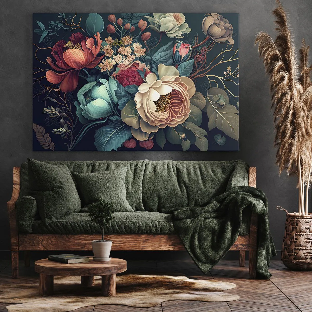 Bild auf Leinwand - Leinwandbild - Eine farbenfrohe Blumenkomposition auf dunklem Hintergrund - 70x50cm - Charme des 19. Jahrhunderts - Moderne Wanddekoration für Wohnzimmer und Schlafzimmer ARTTOR