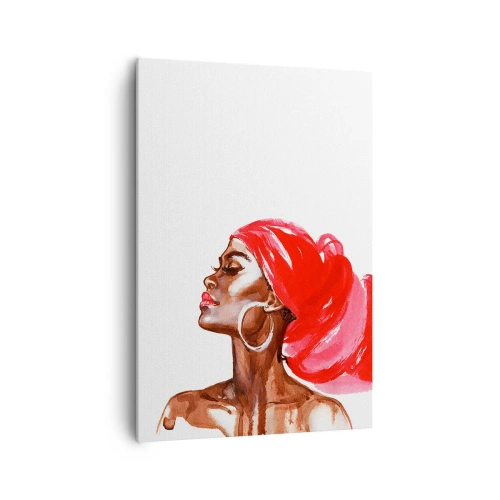 Bild auf Leinwand - Leinwandbild - Profil einer Frau mit rotem Turban und Ohrringen - 70x100cm - Es weht ein Wind, der die Nase eines Mannes öffnet - Moderne Wanddekoration für Wohnzimmer und Schlafzimmer ARTTOR