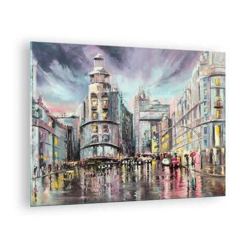 Glasbild - Bild auf glas - Eine Stadtstraße im Regen mit einer spektakulären Lichtreflexion - 70x50cm - Es wird ein gelungener Abend - Moderne Wanddekoration für Wohnzimmer und Schlafzimmer ARTTOR