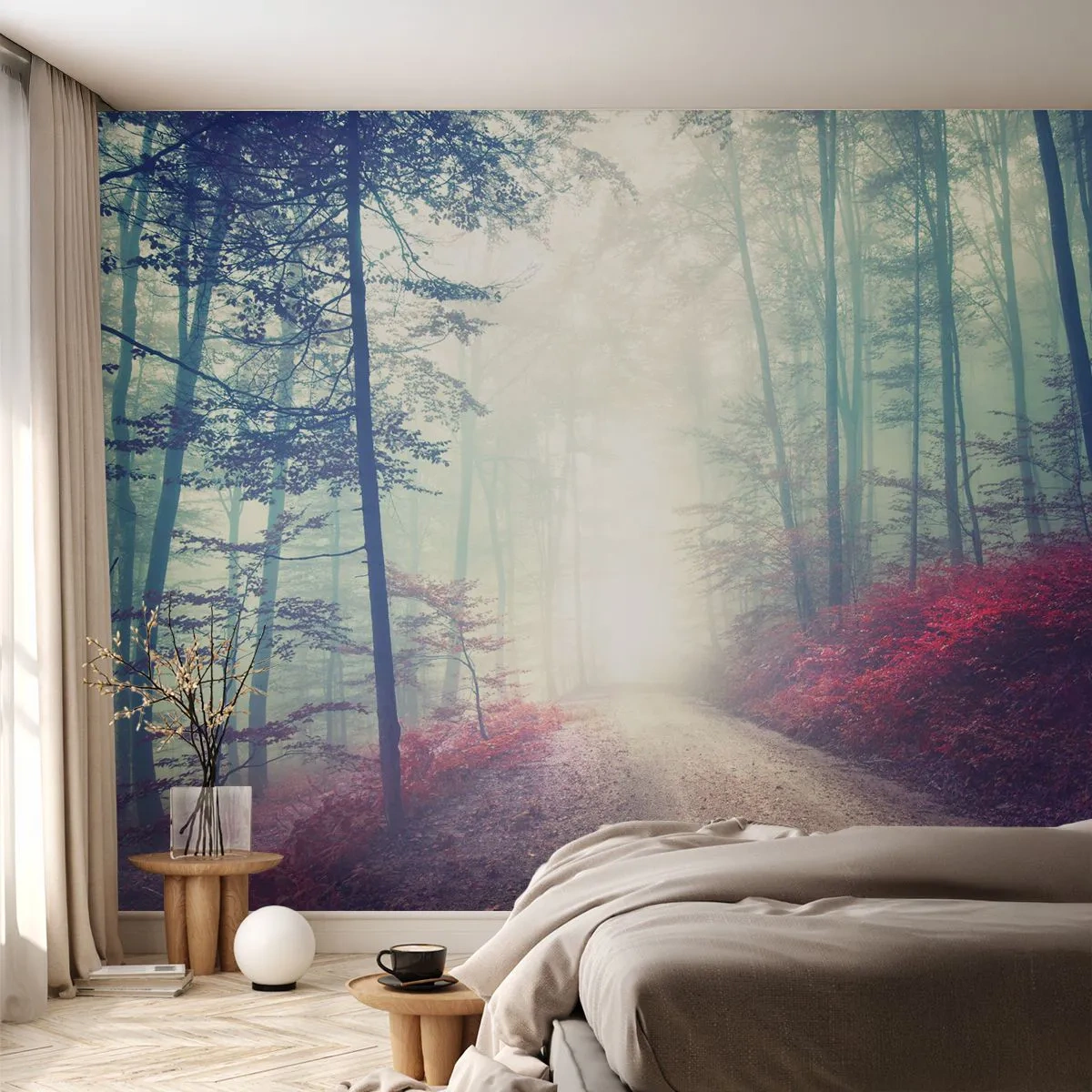 Selbstklebende Fototapete Deluxe Sticker - Wie gut ist es, im Morgengrauen aufzustehen - Landschaft, Wald, Forststraße - 100x70 cm