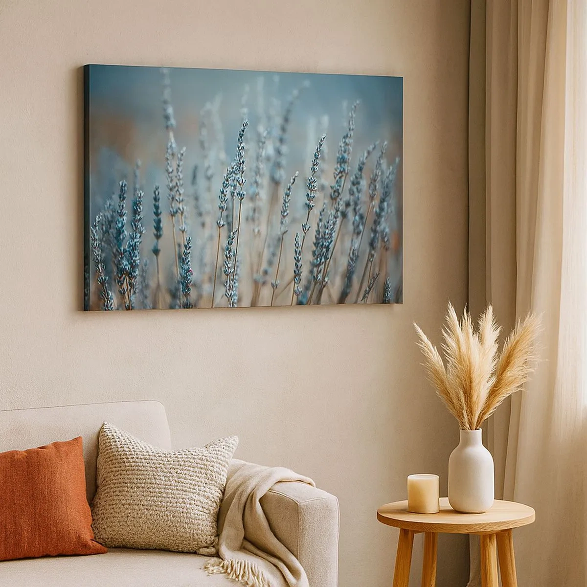 Bild auf Leinwand - Leinwandbild - Lavendel im Feld in dezenten Pastelltönen - 70x50cm - Duftendes Kornfeld - Moderne Wanddekoration für Wohnzimmer und Schlafzimmer ARTTOR