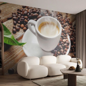 Selbstklebende Fototapete Deluxe Sticker - Kaffee auf der Bank - Gastronomie, Kaffee, Tasse - 250x175 cm