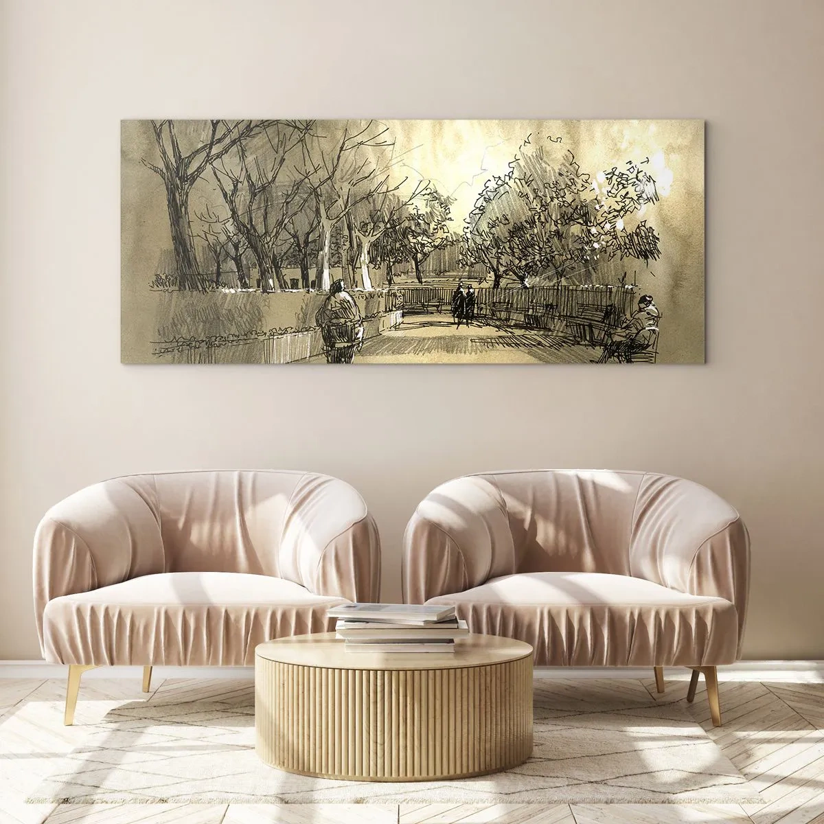 Glasbild - Bild auf glas - Eine Cartoon-Szene eines Parks mit spazierenden Menschen in warmen Tönen. - 120x50cm - Ein Moment mit einer Feder angehalten - Moderne Wanddekoration für Wohnzimmer und Schlafzimmer ARTTOR