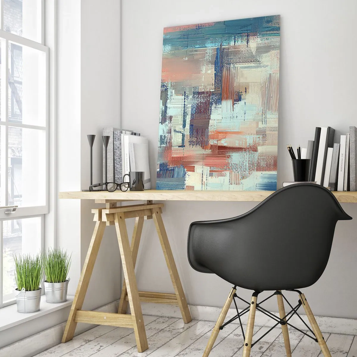 Glasbild - Bild auf glas - Abstrakte Komposition in Blau- und Beigetönen - 70x100cm - Zum Licht kommen - Moderne Wanddekoration für Wohnzimmer und Schlafzimmer ARTTOR