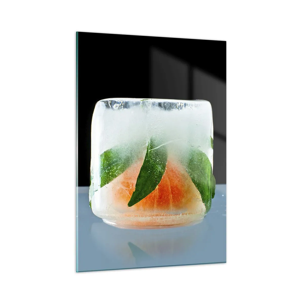 Glasbild - Bild auf glas - Früchte und Blätter in klarem Eis eingefroren - 50x70cm - Frisch und kühl - Moderne Wanddekoration für Wohnzimmer und Schlafzimmer ARTTOR