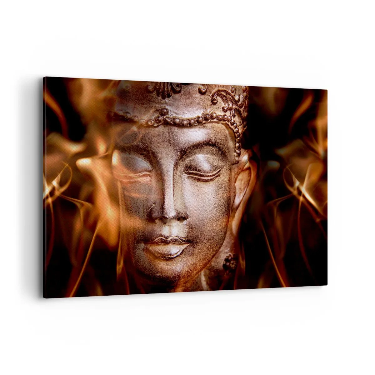 Bild auf Leinwand - Leinwandbild - Eine Buddha-Statue inmitten von Flammen in goldenen Farbtönen - 120x80cm - Es existiert nur hier und jetzt - Moderne Wanddekoration für Wohnzimmer und Schlafzimmer ARTTOR
