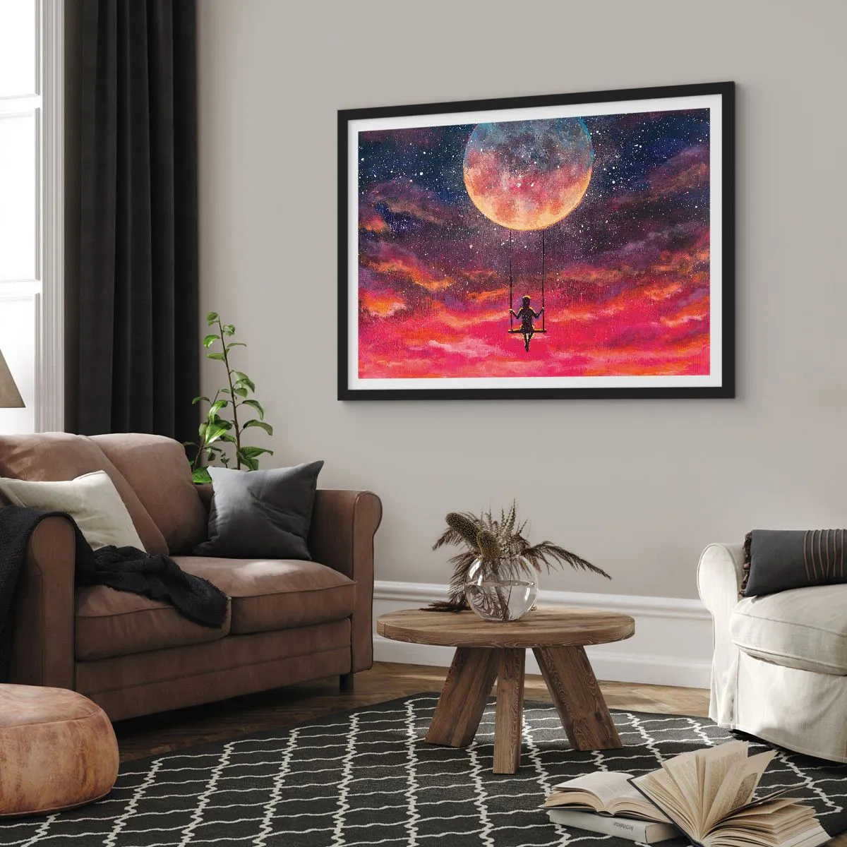 Poster in einem schwarzem Rahmen - Eine Figur auf einer Schaukel, die vor dem Mond hängt - 70x50cm - Traum - Moderne Wanddekoration für Wohnzimmer und Schlafzimmer ARTTOR