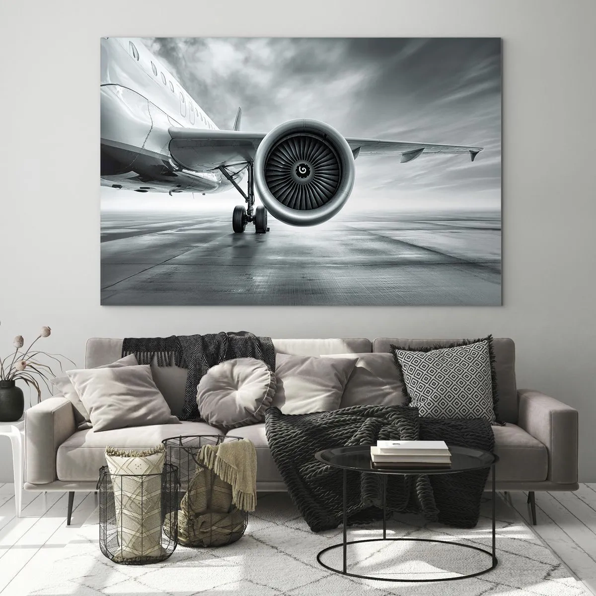 Glasbild - Bild auf glas - Die Turbine eines Passagierflugzeugs auf der Landebahn im Morgengrauen - 120x80cm - Die Macht ist da! - Moderne Wanddekoration für Wohnzimmer und Schlafzimmer ARTTOR