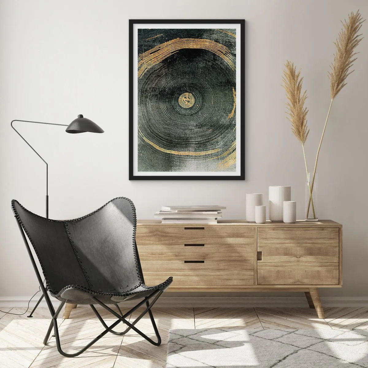 Poster in einem schwarzem Rahmen - Abstrakte Holzmaserung in Gold- und Schwarztönen - 50x70cm - Veränderung und Beständigkeit - Moderne Wanddekoration für Wohnzimmer und Schlafzimmer ARTTOR