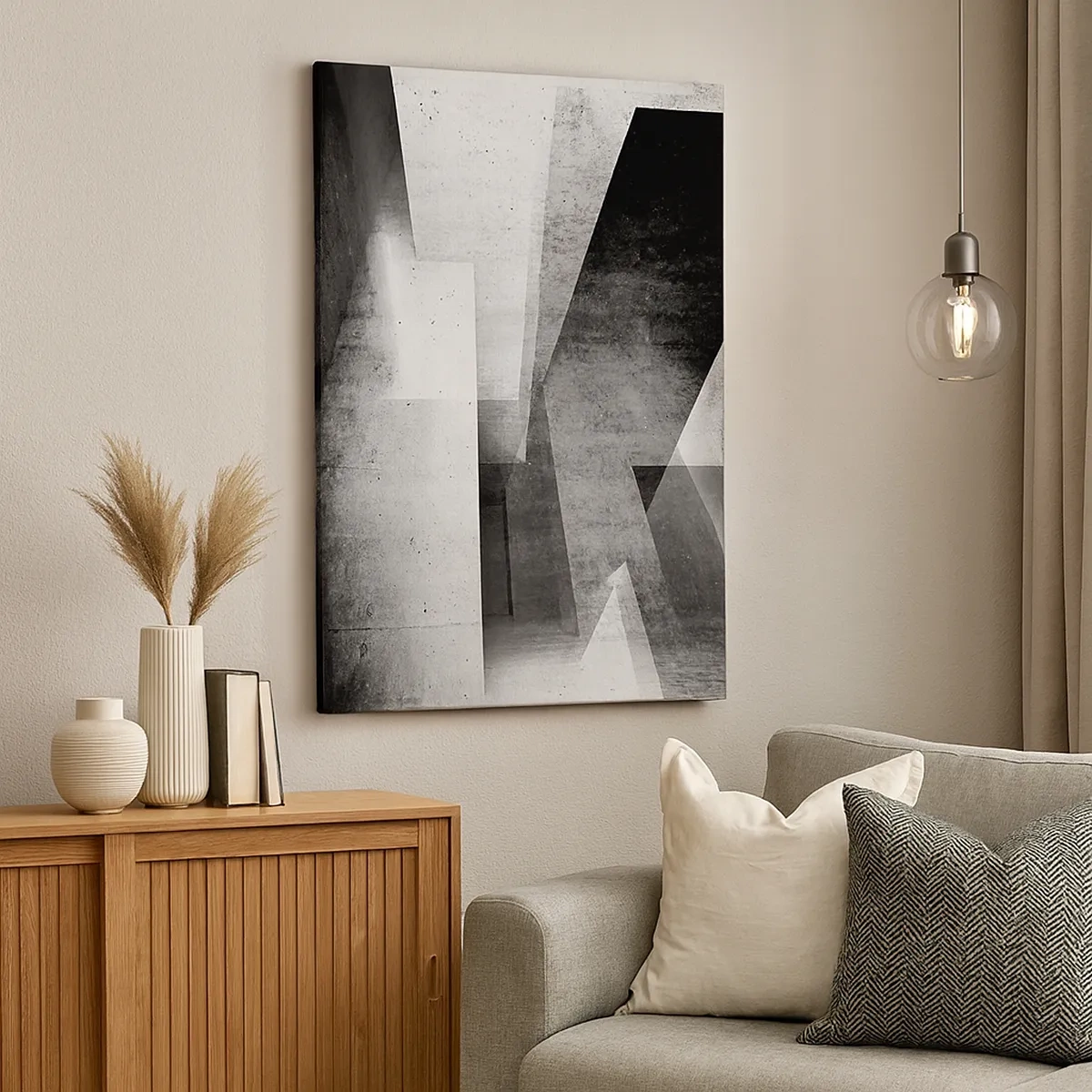 Bild auf Leinwand - Leinwandbild - Geometrische Formen in einer monochromen Komposition - 50x70cm - Die Raumstruktur - Moderne Wanddekoration für Wohnzimmer und Schlafzimmer ARTTOR