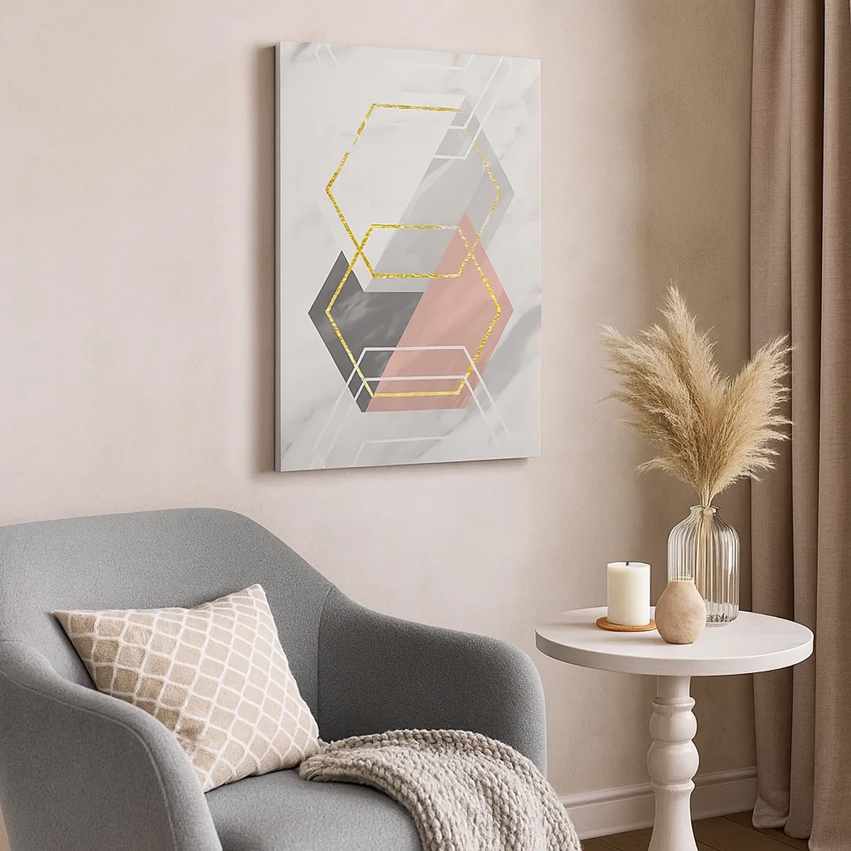 Bild auf Leinwand - Leinwandbild - Geometrische Figuren mit Gold- und Marmorakzenten - 50x70cm - Kettenkomposition - Moderne Wanddekoration für Wohnzimmer und Schlafzimmer ARTTOR