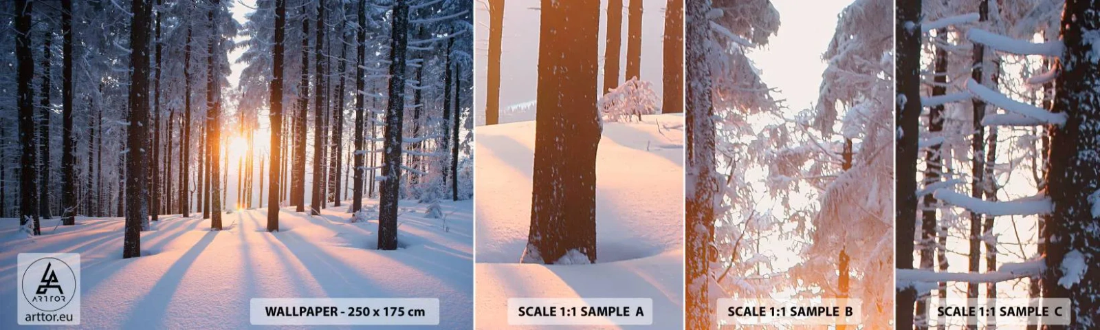 Fototapetenmuster Standard Eco - Ganz klar schwarz auf weiß - Landschaft, Wald, Schnee - 100x30 cm