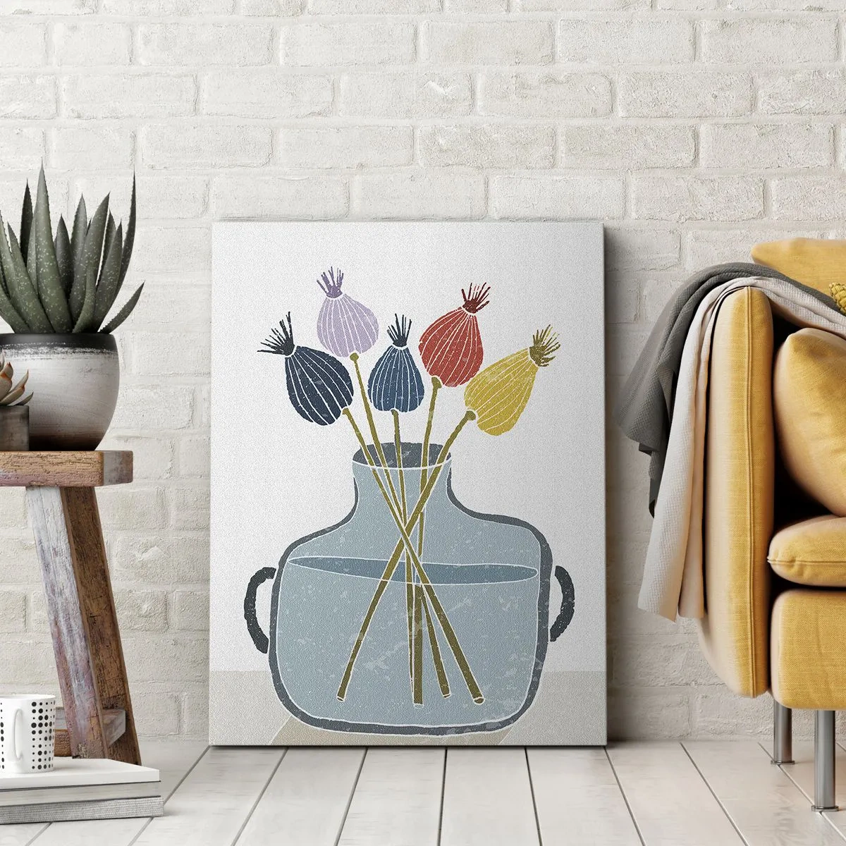 Bild auf Leinwand - Leinwandbild - Bunte Trockenblumen in einer Vase auf weißem Hintergrund - 50x70cm - Es ist mucksmäuschenstill - Moderne Wanddekoration für Wohnzimmer und Schlafzimmer ARTTOR
