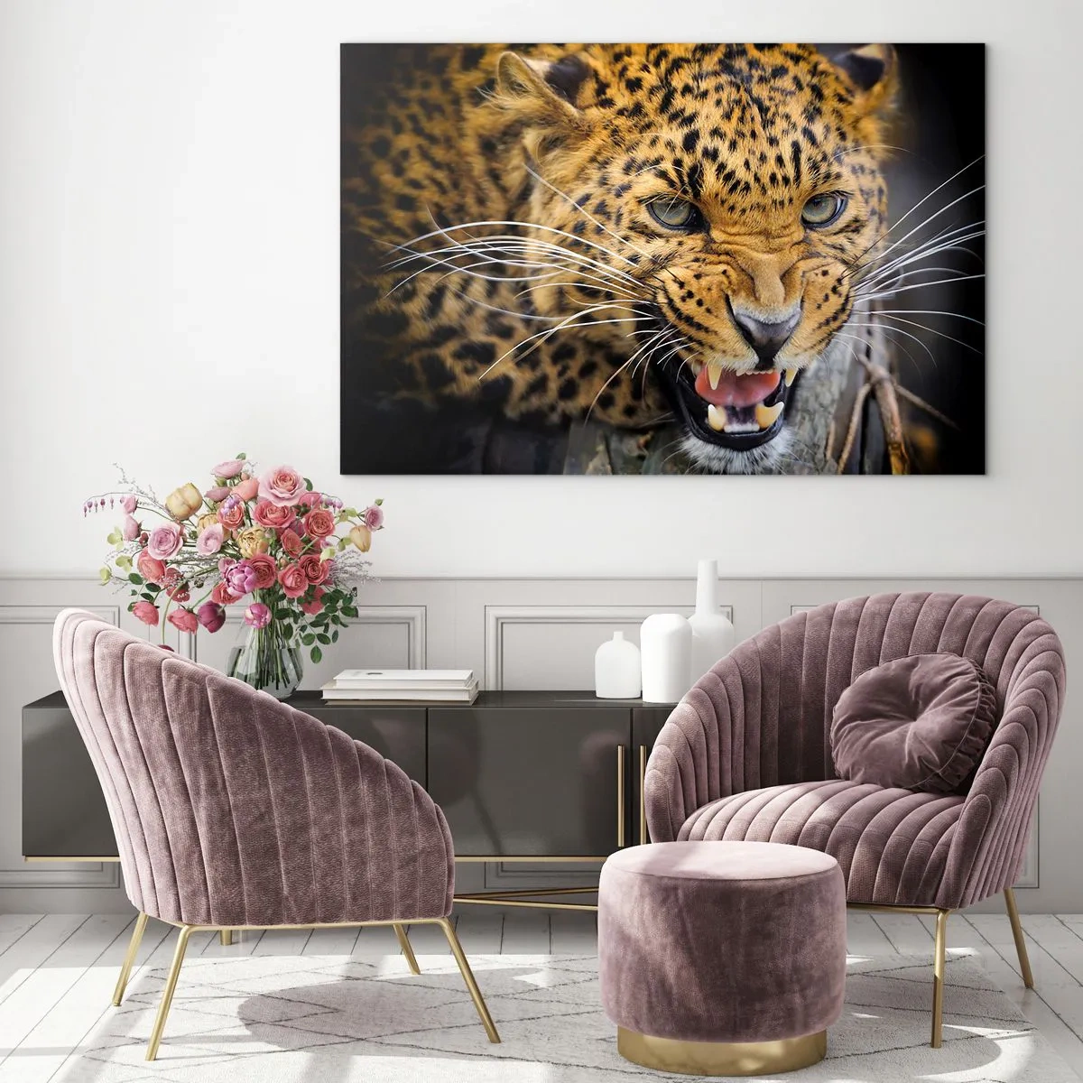 Glasbild - Bild auf glas - Nahaufnahme eines aggressiven Leoparden mit klaren Details - 100x70cm - Bleib zurück, ich warne dich! - Moderne Wanddekoration für Wohnzimmer und Schlafzimmer ARTTOR