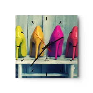 Wanduhr - Glasuhr - Bunte High Heels vor einer Holzwand - 30x30cm - Spazierengehen auf dem Regenbogen - Moderne Wanddekoration für Wohnzimmer und Schlafzimmer ARTTOR