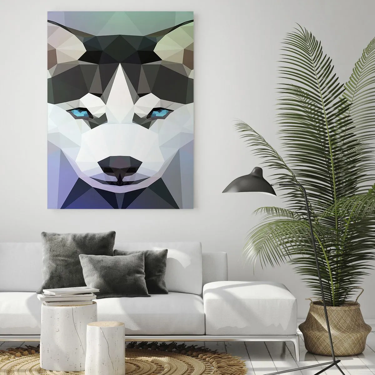 Glasbild - Bild auf glas - Geometrischer Wolf mit ausdrucksstarken blauen Augen - 80x120cm - Die Erinnerung an den Schnee des Nordens - Moderne Wanddekoration für Wohnzimmer und Schlafzimmer ARTTOR