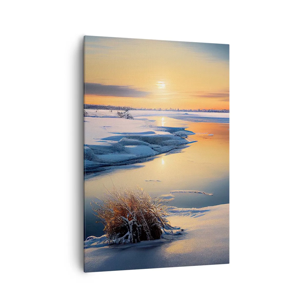 Bild auf Leinwand - Leinwandbild - Winterlandschaft mit einem Fluss bei Sonnenuntergang - 70x100cm - Wintersonnenuntergang - Moderne Wanddekoration für Wohnzimmer und Schlafzimmer ARTTOR