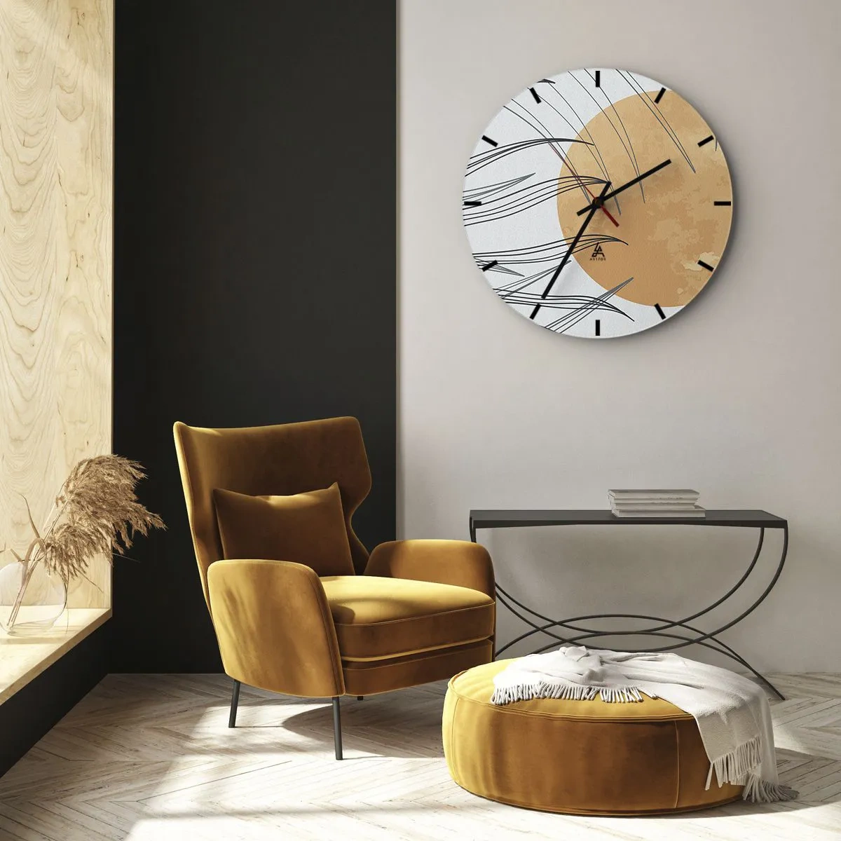 Wanduhr - Glasuhr - Grafik mit einem orangefarbenen Kreis und Graslinien im Hintergrund - 30x30cm - Immer der Sonne entgegen - Moderne Wanddekoration für Wohnzimmer, Küche und Schlafzimmer ARTTOR