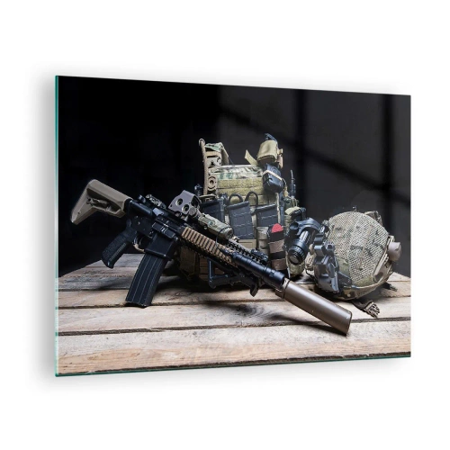 Glasbild - Bild auf glas - Taktische Ausrüstung und Waffen auf einem Holztisch angeordnet - 70x50cm - Sich ausruhen! - Moderne Wanddekoration für Wohnzimmer und Schlafzimmer ARTTOR