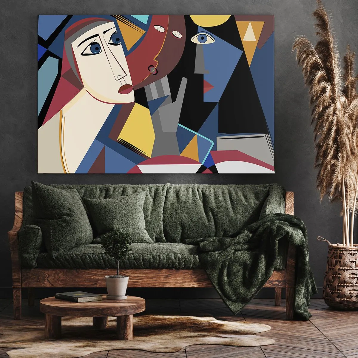 Bild auf Leinwand - Leinwandbild - Kubistische Gesichter in intensiven Farben - 70x50cm - Gespräch zwischen Kubisten - Moderne Wanddekoration für Wohnzimmer und Schlafzimmer ARTTOR
