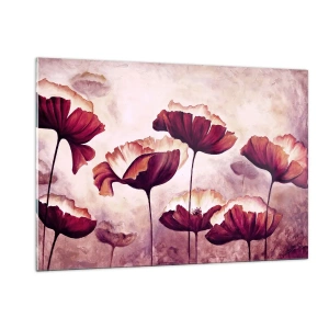 Glasbild - Bild auf glas - Rote und weiße Mohnblumen vor einem hellen Himmel - 120x80cm - Rotes und weißes Blütenblatt - Moderne Wanddekoration für Wohnzimmer und Schlafzimmer ARTTOR