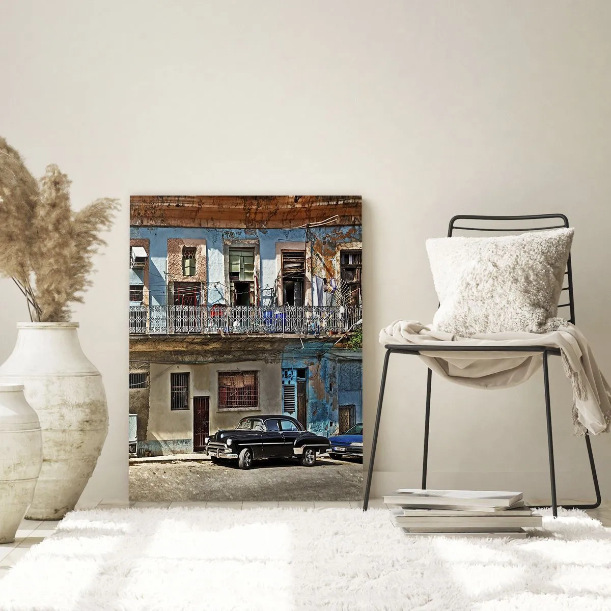 Glasbild - Bild auf glas - Retro-Straße mit klassischen Gebäuden und einem Auto - 50x70cm - Havanna-Stimmung - Moderne Wanddekoration für Wohnzimmer und Schlafzimmer ARTTOR