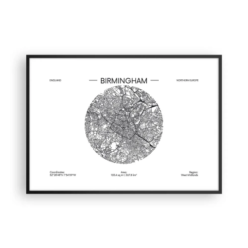 Poster in einem schwarzem Rahmen - Eine minimalistische Schwarzweißkarte von Birmingham mit präzisen Details. - 100x70cm - Anatomie von Birmingham - Moderne Wanddekoration für Wohnzimmer und Schlafzimmer ARTTOR