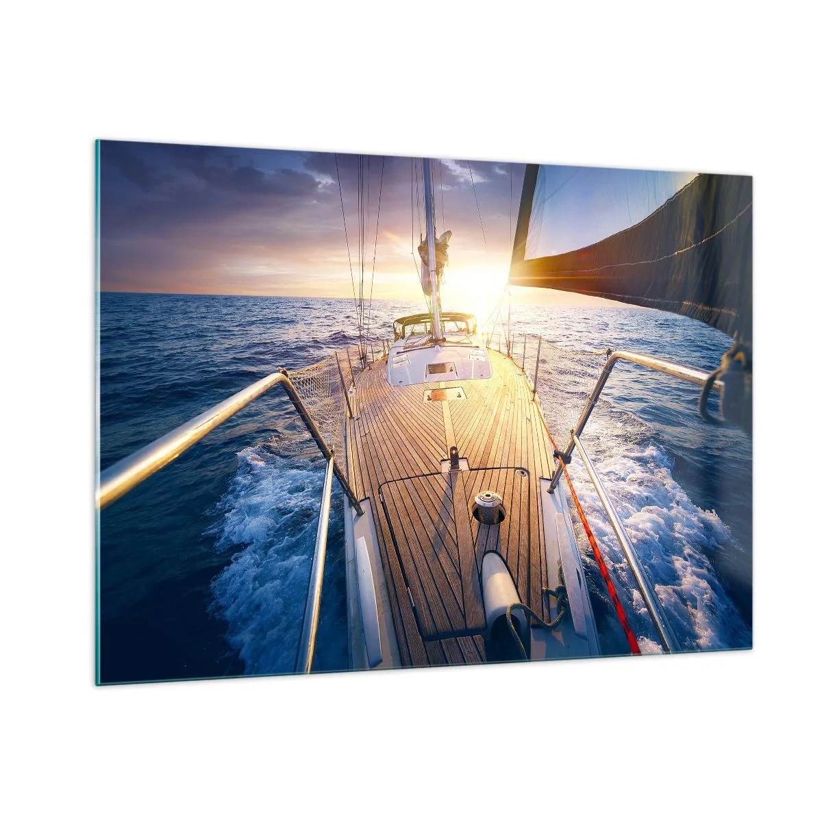 Glasbild - Bild auf glas - Das Deck eines Segelbootes vor der Kulisse der untergehenden Sonne und der Meereswellen - 100x70cm - Laufen unter den Wellen - Moderne Wanddekoration für Wohnzimmer und Schlafzimmer ARTTOR