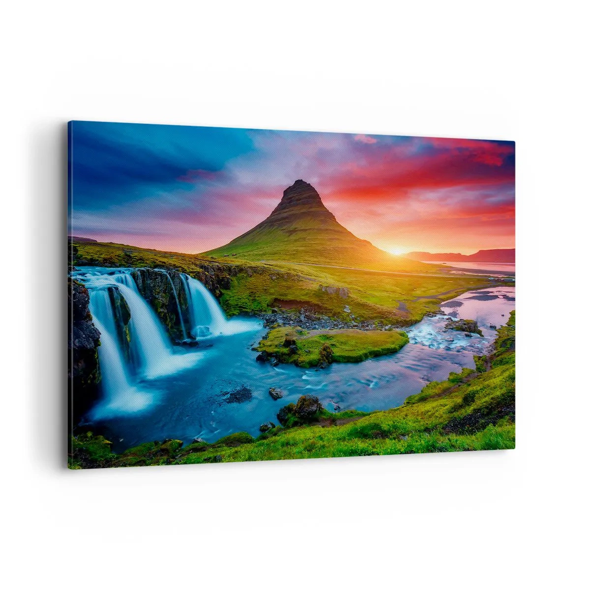 Bild auf Leinwand - Leinwandbild - Malerischer Wasserfall und Berg bei Sonnenuntergang - 120x80cm - Island - Feuer und Wasser - Moderne Wanddekoration für Wohnzimmer und Schlafzimmer ARTTOR