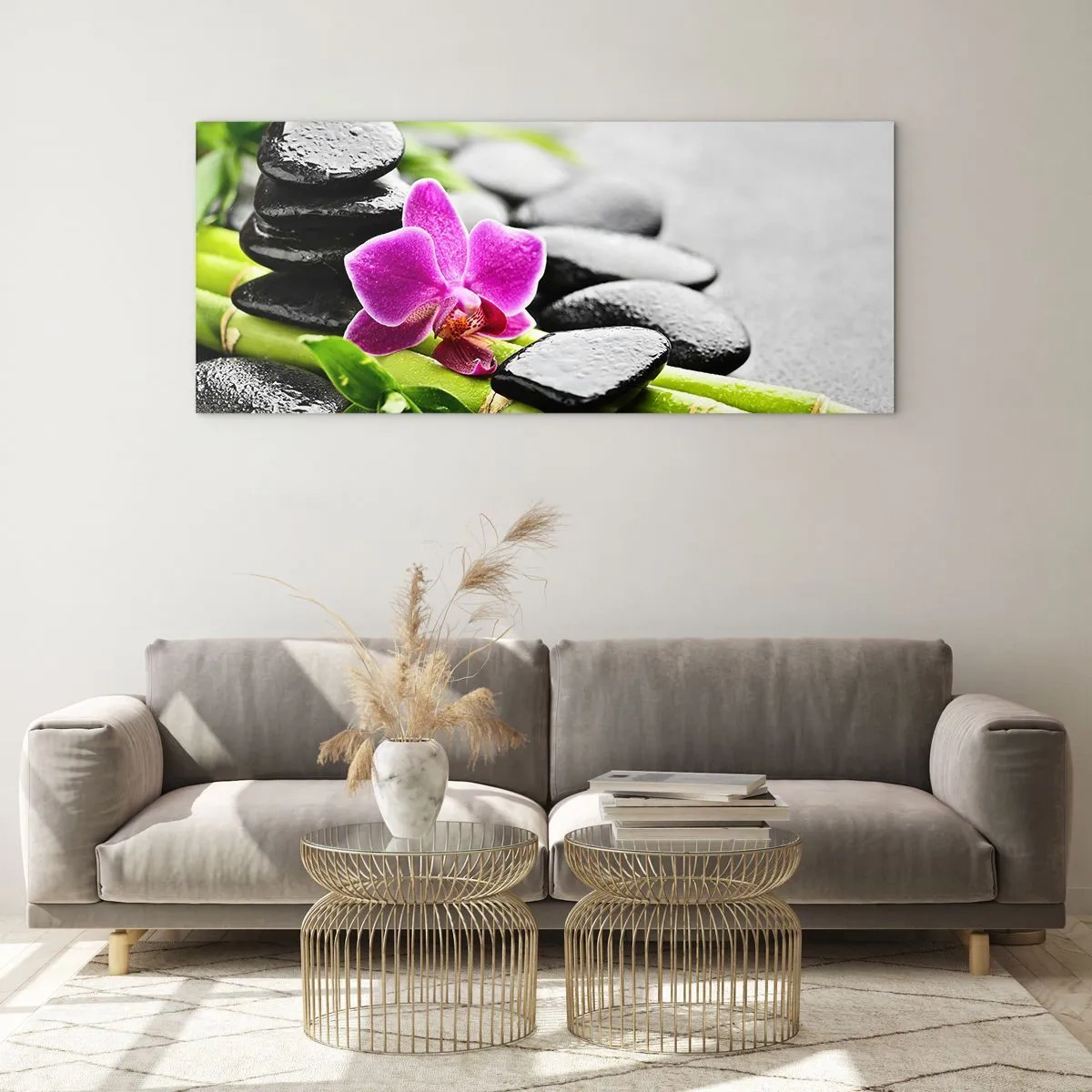 Glasbild - Bild auf glas - Lila Orchidee, schwarze Steine und Bambus in einer ruhigen Komposition - 140x50cm - In ruhiger Balance - Moderne Wanddekoration für Wohnzimmer und Schlafzimmer ARTTOR