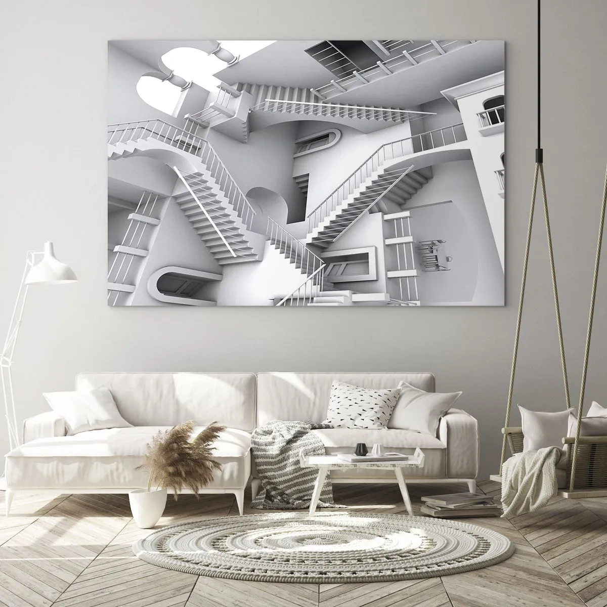 Glasbild - Bild auf glas - Ein Treppenlabyrinth in einem surrealen Raum - 70x50cm - Die Paradoxien des Weltraums - Moderne Wanddekoration für Wohnzimmer und Schlafzimmer ARTTOR