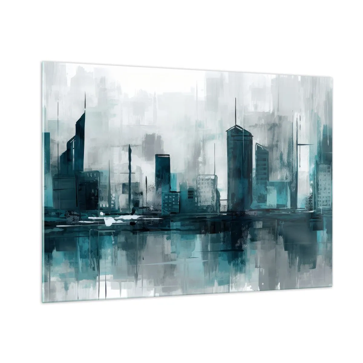 Glasbild - Bild auf glas - Eine moderne Stadt in Blau- und Grautönen - 100x70cm - Eine Stadt in der Farbe des Regens - Moderne Wanddekoration für Wohnzimmer und Schlafzimmer ARTTOR